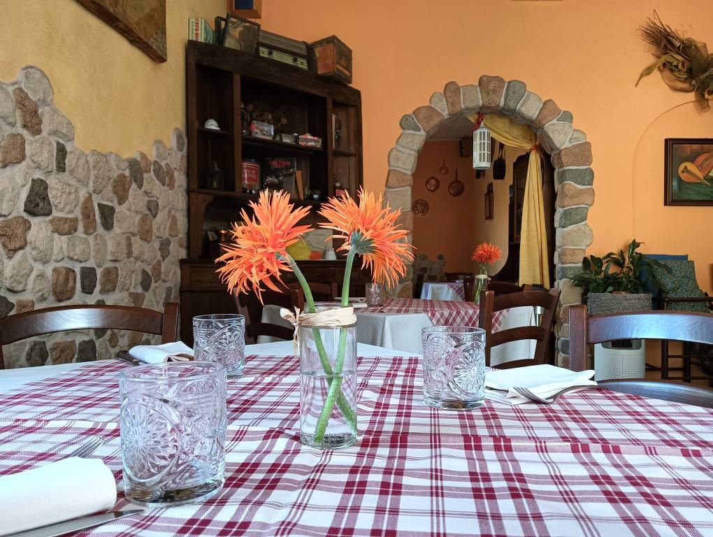 Tavolo del ristorante con tovaglia a quadri rossi e dettaglio di sala